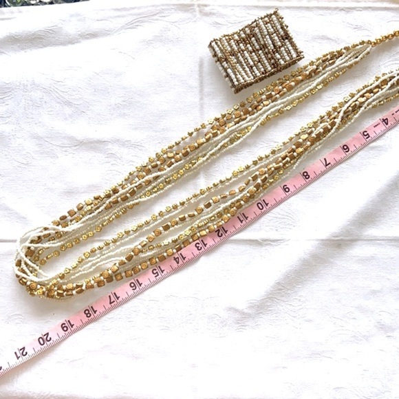 Stunning White & Gold Beaded Multi-Strand Twist Necklace & Bracelet Set Unique - Picture 5 of 16